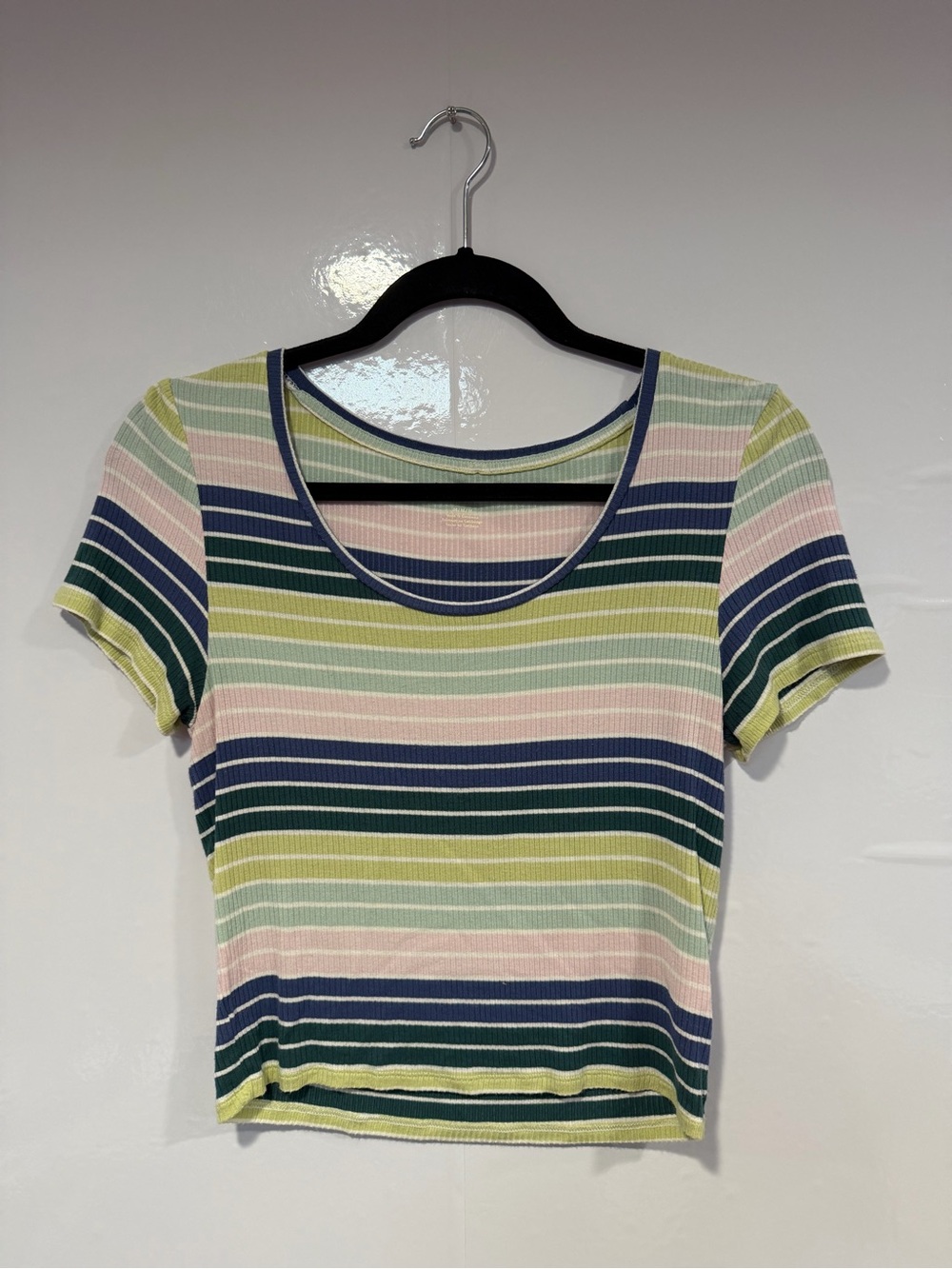 American Eagle Womens Medium‎ Blue Green Purple Striped Ribbed Scoop Neck Shirt